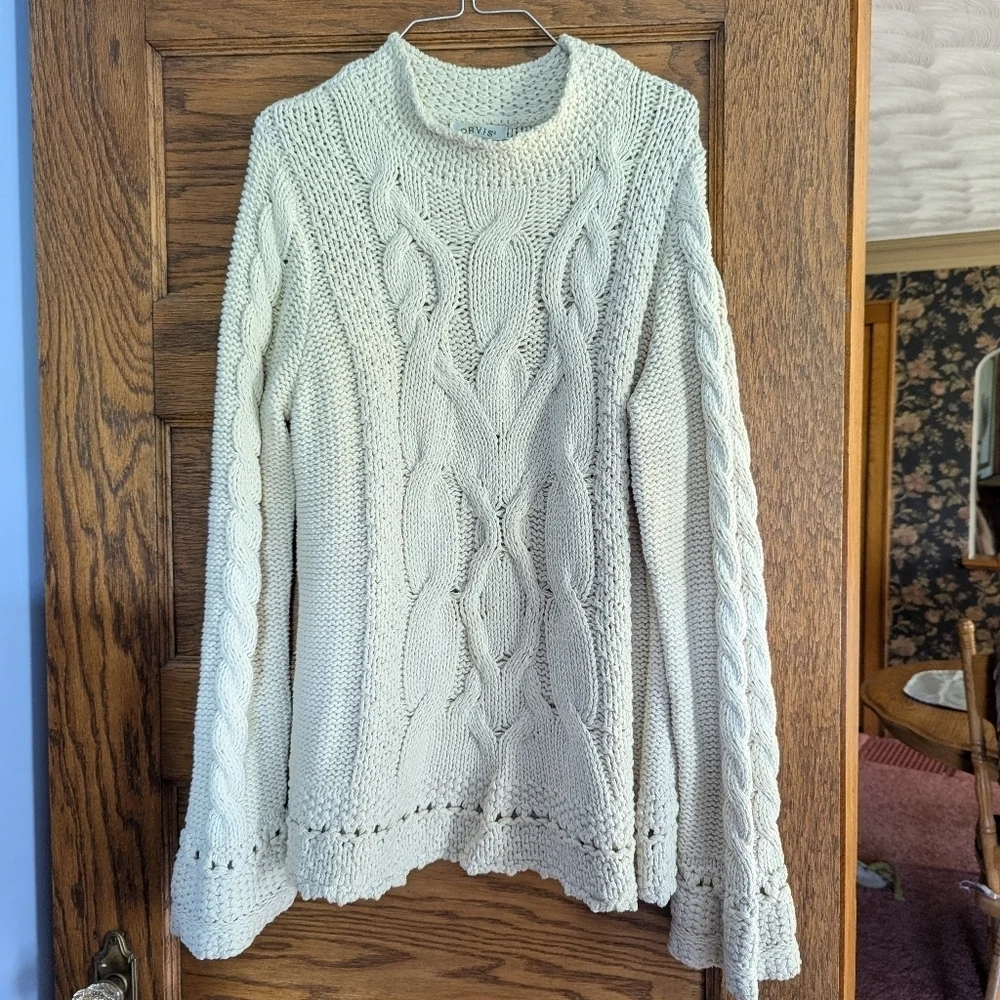 Orvis Chunky Cable Neck Cream Cowl Neck Sweater Size Large